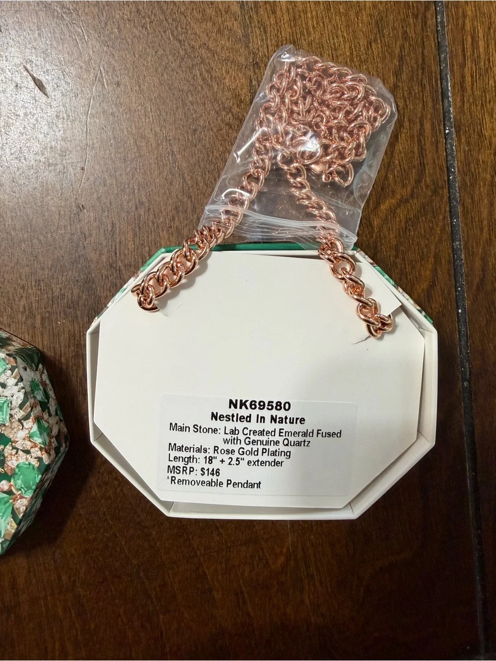 bp Rose Gold Chain Necklace with Emerald Green Center Stone